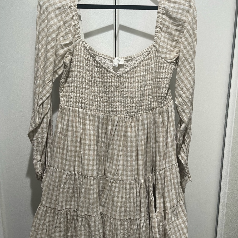 MINI ESCAPE BEIGE GINGHAM DRESS - Picture 1 of 13